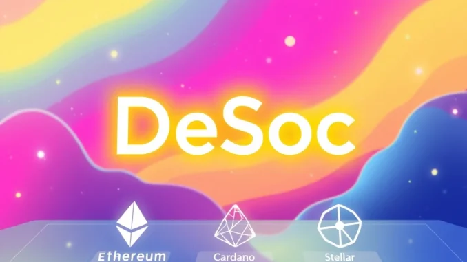 DeSoc: The Revolutionary Social-First Blockchain Outpacing Ethereum, Cardano, and Stellar in 2024 A digital illustration showing DeSoc's logo rising above Ethereum, Cardano, and Stellar, symbolizing its growing momentum in decentralized social.