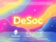 A digital illustration showing DeSoc's logo rising above Ethereum, Cardano, and Stellar, symbolizing its growing momentum in decentralized social.