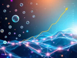A visual representation of DeSoc, a Social-DeFi hybrid, showing interconnected social networks and financial symbols, highlighting its innovative approach to decentralized social data ownership.