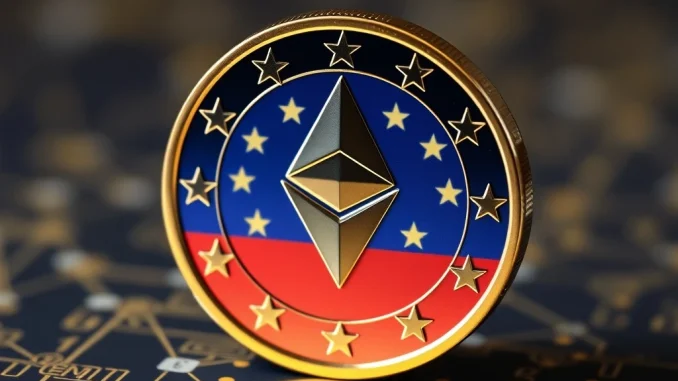 A digital euro coin with the EU flag reflecting on it, symbolizing the EU's exploration of Ethereum and Solana for its digital currency project.