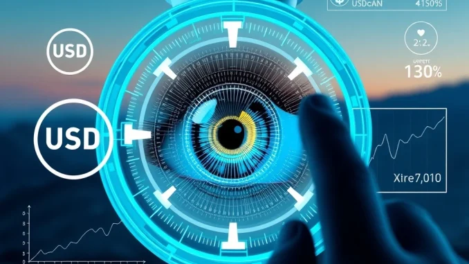 An iris scan over a digital wallet, symbolizing Divine Research's unbacked USDC loans and the high default rates in crypto lending.