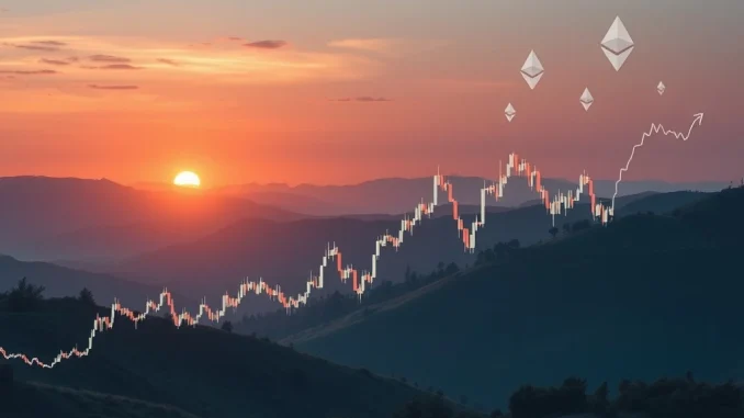 A downward trending stock chart with cryptocurrency symbols, illustrating the **DL Holdings** share drop after their blockchain fundraising announcement.