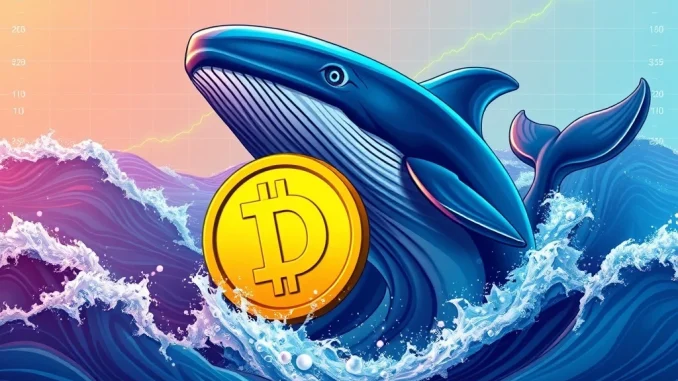 Illustrative image depicting a large whale accumulating DOGE coins, symbolizing significant DOGE whale activity and market impact.
