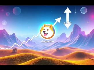 A chart illustrating the speculative Dogecoin price prediction for 2030, with conflicting arrows representing analyst division on the DOGE target.
