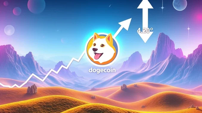 A chart illustrating the speculative Dogecoin price prediction for 2030, with conflicting arrows representing analyst division on the DOGE target.