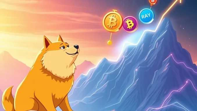 Visualizing Dogecoin facing competition from surging altcoins like CATZILLA in the exciting 2025 crypto bull run.