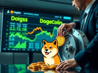 Bit Origin's strategic 40.5M Dogecoin acquisition represented by a corporate hand placing DOGE coins into a treasury.