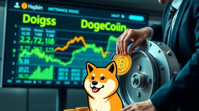Dogecoin Unleashed: Bit Origin's Monumental 40.5M DOGE Acquisition Sparks Market Excitement Bit Origin's strategic 40.5M Dogecoin acquisition represented by a corporate hand placing DOGE coins into a treasury.