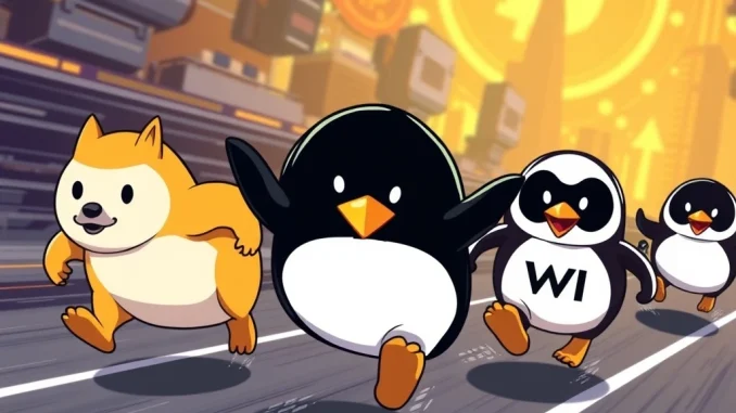 Dogecoin competing with Pudgy Penguins, FLOKI, and WIF in the meme coin market
