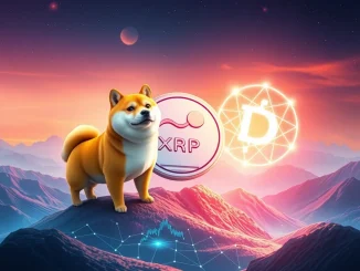 Three distinct digital currency symbols representing Dogecoin, XRP, and DeSoc rising, symbolizing significant Sub-1 Crypto Momentum in the market.