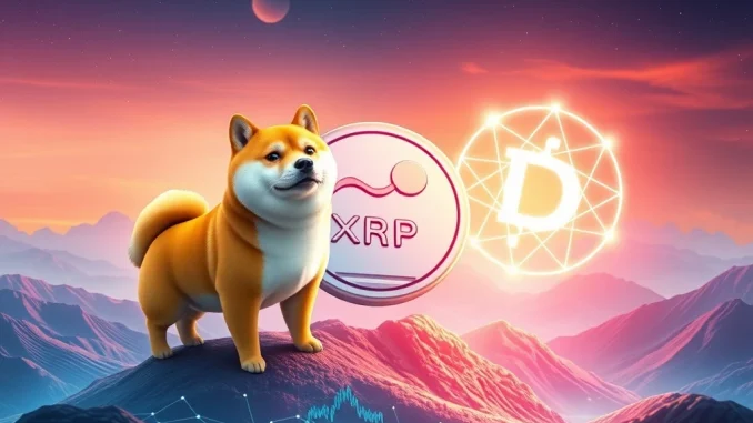 Three distinct digital currency symbols representing Dogecoin, XRP, and DeSoc rising, symbolizing significant Sub-1 Crypto Momentum in the market.