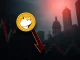 Chart showing a dramatic 11% **Dogecoin** price drop, symbolizing market volatility driven by institutional sell-offs.