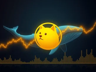 A Dogecoin (DOGE) symbol on a chart showing a golden cross, signifying potential bullish momentum fueled by whale activity.