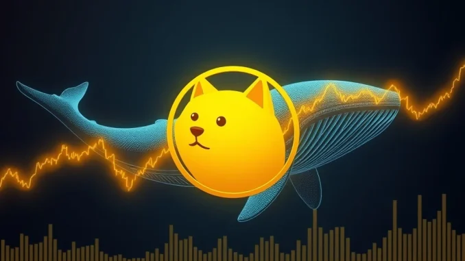 A Dogecoin (DOGE) symbol on a chart showing a golden cross, signifying potential bullish momentum fueled by whale activity.