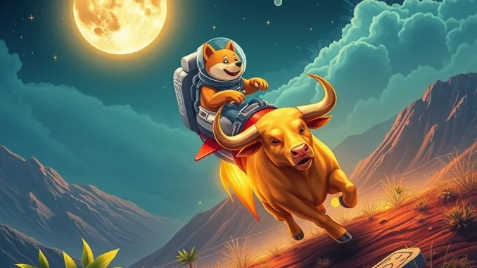 A Doge astronaut rides a rocket above a charging bull, symbolizing the **Dogecoin News Today** and the surge in meme coin interest.