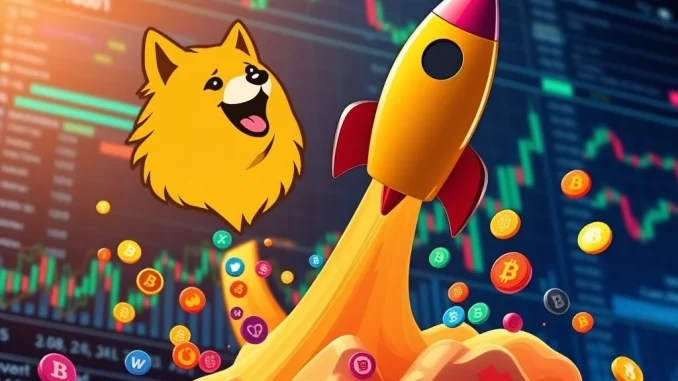 Dynamic visual of Dogecoin (DOGE) surging, representing its price rally, alongside the innovative Pepeto meme coin platform.