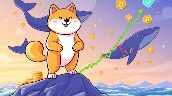 Dogecoin Price Surge: Whales Ignite a Monumental 77% DOGE Rally A Shiba Inu mascot overseeing a rising Dogecoin price chart, fueled by crypto whales, indicating a potential rally.