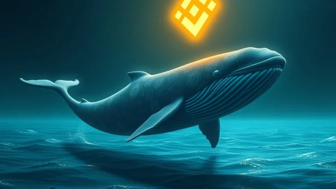 An illustration depicting a large crypto whale moving a significant amount of Dogecoin to the Binance exchange, symbolizing the large DOGE transfer.