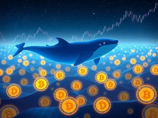 Illustration showing Dogecoin whales accumulating DOGE, symbolizing long-term investor confidence despite crypto market fluctuations.