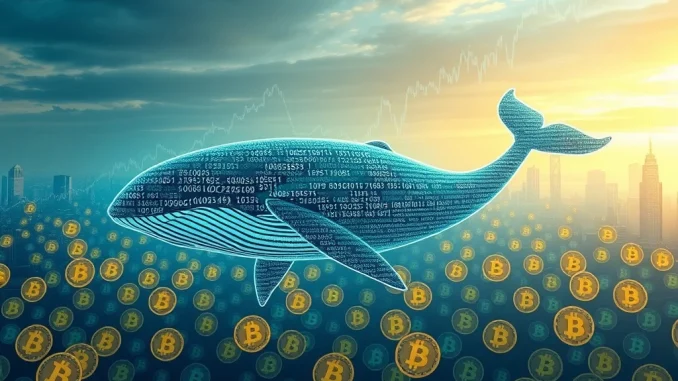 A large digital whale silhouette over a rising Dogecoin chart, symbolizing the massive Dogecoin whale accumulation driving potential DOGE price growth.