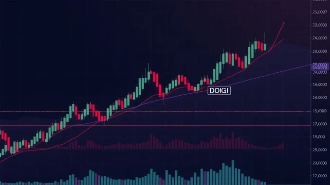 A digital chart showing DOGEINU (DOGI) price stability, with green candles indicating an upward trend and an RSI line exiting the oversold zone.