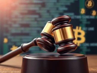 A gavel striking a block, symbolizing the escalating DOJ crypto enforcement and legal challenges facing firms like DragonFly due to Tornado Cash ties.