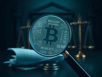 A magnifying glass over digital assets and legal documents, symbolizing the DOJ's investigation into Dragonfly Capital's Tornado Cash investment.