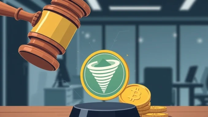 A gavel striking crypto assets, symbolizing the DOJ's scrutiny of Dragonfly Capital's Tornado Cash investment and potential criminal charges.