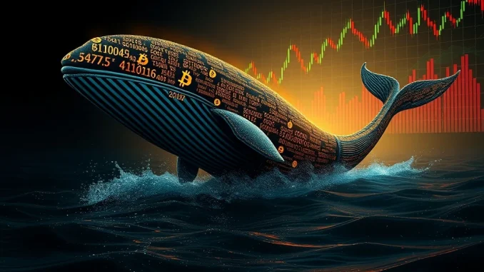A digital whale emerging from blockchain data, symbolizing significant dormant Bitcoin movements and their profound impact on the crypto market.