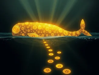 Illustration of a large, sleeping whale made of Bitcoin symbols, suddenly awakening and transferring a significant amount of BTC, symbolizing dormant whale activity.