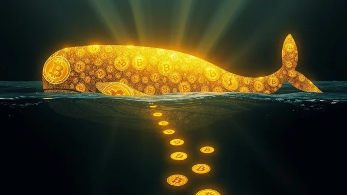 Illustration of a large, sleeping whale made of Bitcoin symbols, suddenly awakening and transferring a significant amount of BTC, symbolizing dormant whale activity.