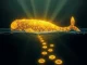 Illustration of a large, sleeping whale made of Bitcoin symbols, suddenly awakening and transferring a significant amount of BTC, symbolizing dormant whale activity.