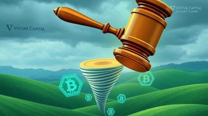 An abstract depiction of legal scales weighing digital assets, symbolizing the challenging investor liability debate involving Dragonfly Capital and Tornado Cash.