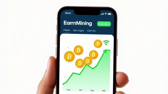EarnMining app interface showcasing automated Bitcoin earning on a smartphone