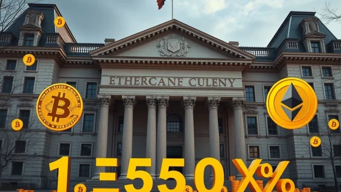 EBA crypto rules imposing a 1250% capital charge on bank crypto holdings, symbolized by digital assets weighing down traditional finance.