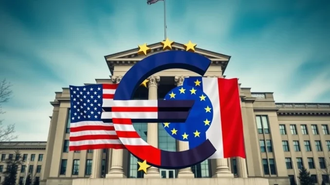 A steady ECB building representing the maintained ECB interest rate, set against a backdrop of US and EU flags symbolizing ongoing trade talks and economic stability.