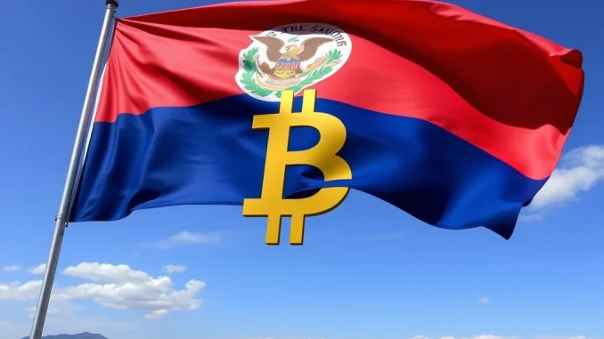 El Salvador Bitcoin holdings represented by a digital Salvadoran flag and Bitcoin symbol, showcasing the nation's commitment to BTC accumulation.