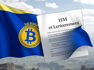 El Salvador Bitcoin policy shift: A depiction of the nation's financial sovereignty being influenced by an IMF agreement, halting Bitcoin purchases.