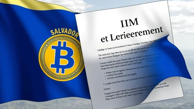El Salvador Bitcoin policy shift: A depiction of the nation's financial sovereignty being influenced by an IMF agreement, halting Bitcoin purchases.