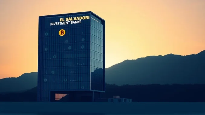 El Salvador's parliament building with a digital overlay representing crypto investment banks, symbolizing the nation's commitment to crypto services.