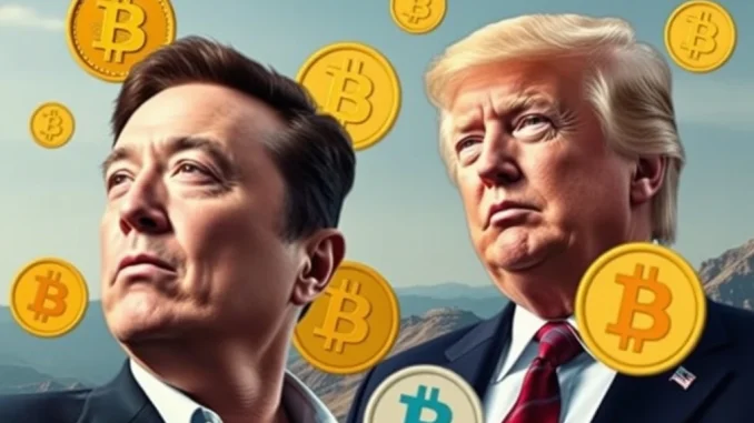 Elon Musk, a key crypto influencer, stands above Donald Trump amidst digital currency symbols, representing his lead in crypto influence.