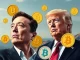 Elon Musk, a key crypto influencer, stands above Donald Trump amidst digital currency symbols, representing his lead in crypto influence.