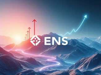 A digital representation of the ENS logo with upward-trending charts, symbolizing the Ethereum Name Service's remarkable price surge due to governance and Web3 adoption.