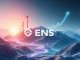 A digital representation of the ENS logo with upward-trending charts, symbolizing the Ethereum Name Service's remarkable price surge due to governance and Web3 adoption.