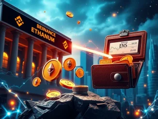 A digital illustration showing ENS tokens moving from Binance to a Trend Research wallet, symbolizing a significant institutional crypto investment.