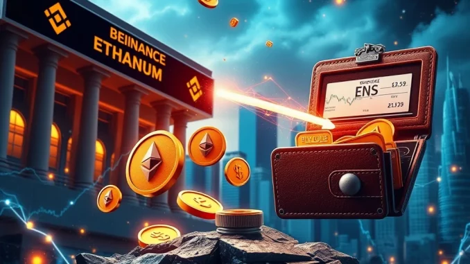 A digital illustration showing ENS tokens moving from Binance to a Trend Research wallet, symbolizing a significant institutional crypto investment.