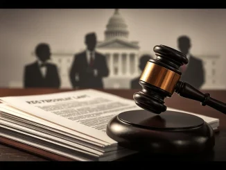 A gavel striking documents, symbolizing the House subpoena for the Epstein files amidst political tension and the fight for transparency.