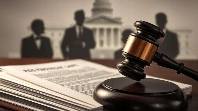 A gavel striking documents, symbolizing the House subpoena for the Epstein files amidst political tension and the fight for transparency.