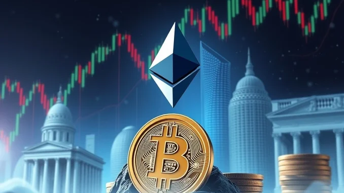 Tom Lee's prediction of ETH surpassing BTC market cap, showing Ethereum's logo rising above Bitcoin's, symbolizing a major shift in crypto dominance.