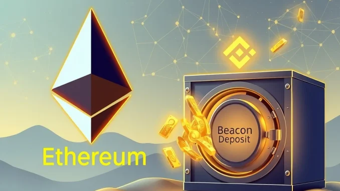 Visualizing a significant **ETH transfer** of 50,000 Ethereum from Binance to the Beacon Deposit contract, highlighting major crypto staking activity.